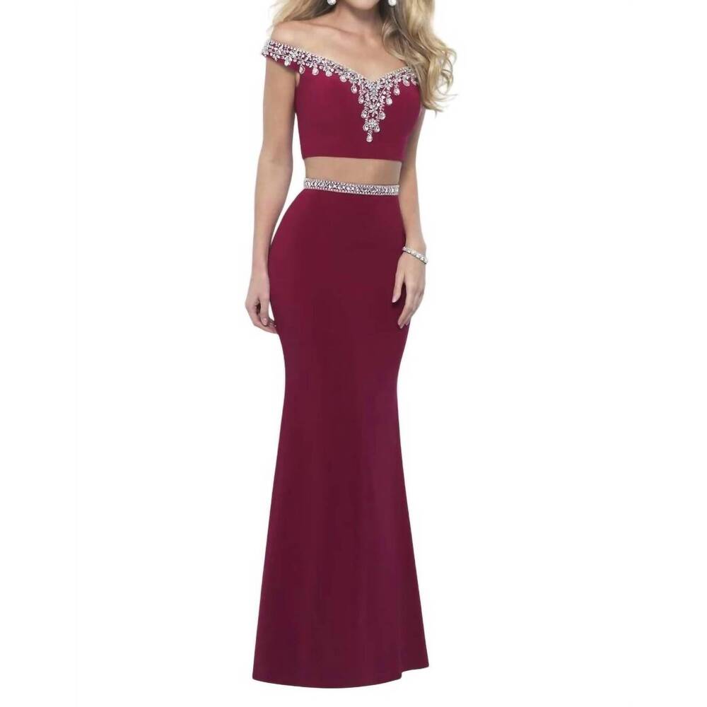 NEW BLUSH PROM off shoulder jersey two piece gown in sangria